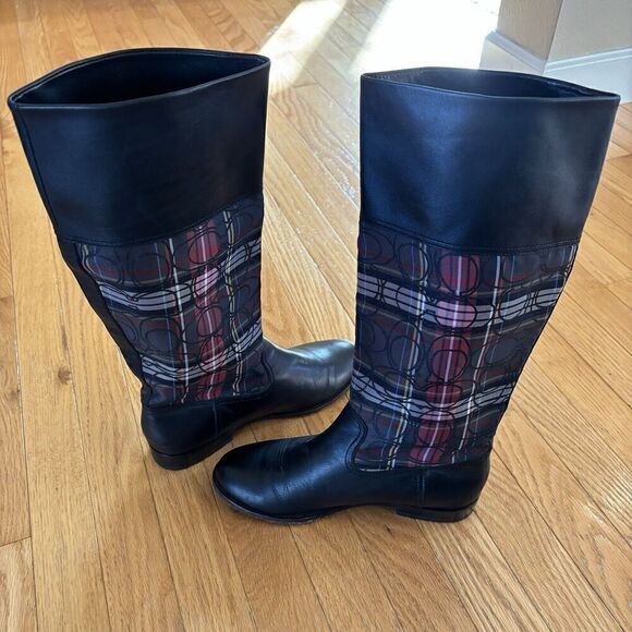 COACH CHRISSI SIGNATURE BLACK Leather Plaid Knee High Riding Boots Sz 7 - Picture 3 of 12